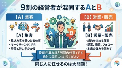集客は見込客を見つける仕事、営業・販売は成約を決める仕事であり、役割の異なる別個の仕事を同じ担当者に任せてはいけないことを示した図解。