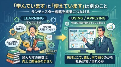 ランチェスター戦略を学んでいるだけの社長が、明日の経営判断を動かす使えるレベルまで理解を深めることを示した図解。