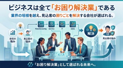 業種や業界を問わずビジネスは全てお困り解決業であり、垣根を越えて見込客の困りごとを解決する会社が選ばれることを示した図解。
