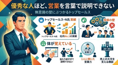 社内で誰よりも数字をつくるトップセールスのN氏が、体で覚えた営業を言葉にできず部下に教えられないため、営業力が1人に閉じてしまう構図を示した図解。