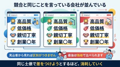 「高品質」「低価格」「親切丁寧」「創業○年」と競合各社が同じことを書いているため、見込客には区別がつかず最後は価格で比べられることを示した図解。