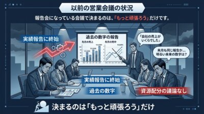 営業会議が過去の数字の報告会になっていると、決まるのは「もっと頑張ろう」だけで、どこに力を入れるかという資源配分の議論が起きないことを示した図解。