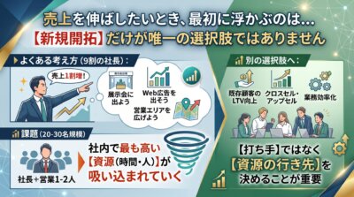 新規開拓ばかりに時間と人員が吸い込まれ、資源の行き先を打ち手より先に決めるべきだと示した図解。