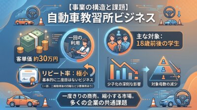 客単価30万円で基本的に二度目のない自動車教習所ビジネスが、少子化で対象母数が減っていく構造的な課題を示した図解。