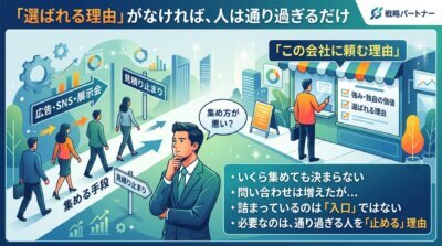 人は集まるのに問い合わせが決まらないのは、入口ではなく選ばれる理由を止める部分にあることを示した図解。