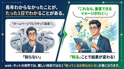 ホームページでどう集客するか悩む社長が、知る人と知らない人の情報格差に気づき結果が変わることを示した図解。