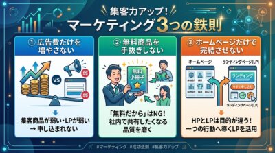 マーケティング3つの鉄則を示す図解。広告費だけを増やさない、無料商品を手抜きしない、ホームページだけで完結させないという注意点を並べている。