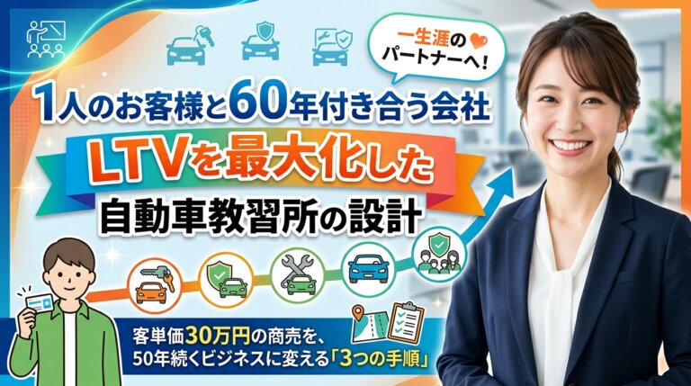 1人のお客様と60年付き合う会社の考え方と、顧客生涯価値を最大化した自動車教習所の設計を示したアイキャッチ画像。