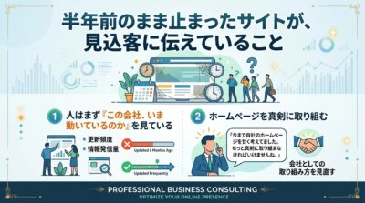 半年前のまま止まったサイトを見た人が「この会社はいま動いているのか」と疑うこと、更新頻度と情報発信量が会社の見え方を左右することを示した図解。