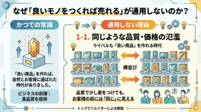 ライバルも良い商品を作れる時代になり、品質で少し差をつけてもお客様の目には同じに見えてしまうことを示した図解。