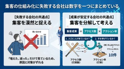 集客を漠然と捉える会社と、アクセス数×アクション率に分解して考える会社の違いを、野球の打席数と打率にたとえて示した図解。