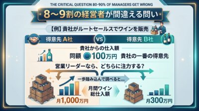 同じ100万円の得意先でも、A社は月1,000万円、B社は月300万円を仕入れており、客内シェアが10%と約33%に分かれることを示した図解。