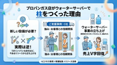 プロパンガス店が既存客との関係を使ってウォーターサーバーの柱をつくったように、新商品ではなく今あるリソースからストック型を立ち上げられることを示した図解。