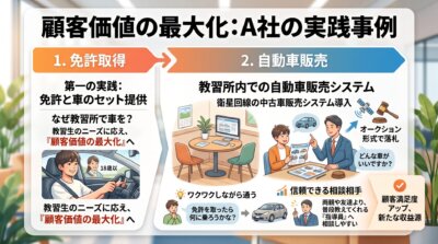教習所内での自動車販売に衛星回線の中古車オークションを導入し、車に詳しくない教習生の相談に応える仕組みを示した図解。