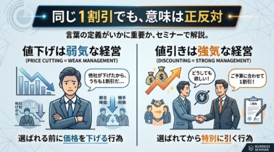 同じ1割引でも、他社が下げたから追随する値下げは弱気な経営、欲しいと言われてから引く値引きは強気な経営であり、言葉の定義で意味が正反対になることを示した図解。