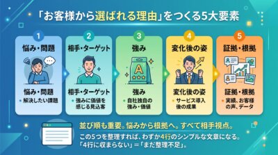 お客様から選ばれる理由をつくる悩み・相手・強み・変化後の姿・根拠という5大要素の並び順を示した図解。