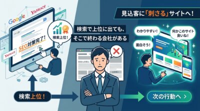 検索で上位に出ても来た見込客に「わかりやすい」「面白そう」と思ってもらえなければ次の行動につながらず、順位を上げる工事と動かす工事は別物であることを示した図解。