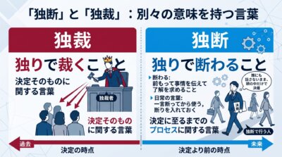 独裁は独りで決定を裁くこと、独断は独りで断わることだと分け、決定に至るまでとその後を区別して示した図解。