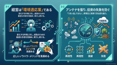 経営戦略と投資判断の重要性を解説するビジネス向けのインフォグラフィック。