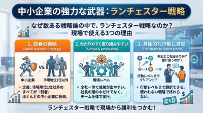 ランチェスター戦略が中小企業に合う理由を、弱者の戦略・わかりやすさ・現場の行動に直結する3点で示した図解。