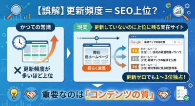 更新頻度が多いほどSEOで上位という常識は誤解で、更新していないのに上位に残るサイトがあり、重要なのはコンテンツの質だと示した図解。