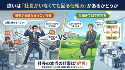 現場から離れられない社長と仕組みで回す経営者の違いを、業務フローとマニュアル化の流れで対比した図解。