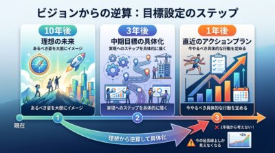 10年後の理想の姿から3年後・1年後の順に逆算して具体化する手順と、1年後から考えると今の延長線上しか見えなくなることを示した図解。