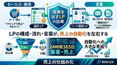 LPを活用した売上の自動化の仕組みを、図解とアイコンで分かりやすく説明したビジネス向けのインフォグラフィック。