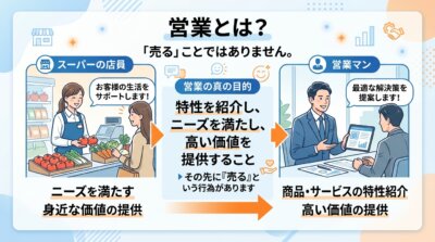 営業とは売ることではなく、商品・サービスの特性を紹介しお客様のニーズを満たした上で高い価値を提供することであり、その先に売る行為があることを示した図解。