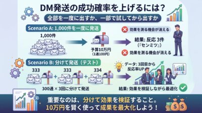 予算10万円のDMを1000通一度に出すか300通ずつ3回に分けて試すかで、分けた方が効果を検証しながら反応率を最適化できることを示した図解。