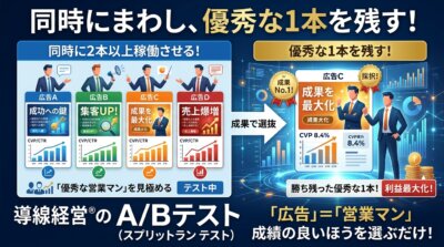 広告を営業マンとして扱い、同時に2本以上を走らせて成績の良い1本を残すA/Bテスト(スプリットラン)の考え方を示した図解。