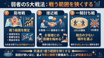 弱者の3戦法である局地戦・接近戦・一騎討ち戦が、いずれも戦う範囲を狭くする点で共通することを示した図解。
