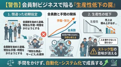 月額課金の会員制で特別な商品を用意するほど手間と時間が増え、会員が増えるほど生産性が落ちてしまうという失敗の型を示した図解。