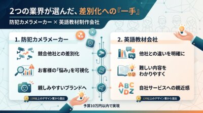防犯カメラメーカーと英語教材の制作販売会社が、予算10万円以内・120以上のデザイン案からキャラクターを選び、わかりやすく伝える役を担わせたことを示した図解。