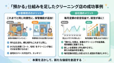 クリーニング店が預かりサービスを足し、新しいお客様を増やさずに毎月定額の収益の柱を立てたことを示した図解。