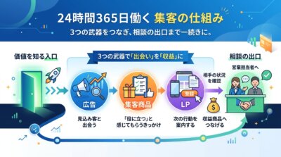 24時間365日働く集客の仕組みを示す図解。価値を知る入口から広告・集客商品・LPの3つの武器を経て、相談の出口までを一続きにする流れを表す。
