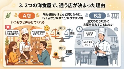 味も値段もほとんど同じ2つの洋食屋で、ひと声かけてくれるA店に通うようになる理由を、対応の差として示した図解。