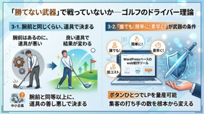 腕前と同じくらい道具で結果が決まるというゴルフの例えで、誰でも簡単に素早く使えるweb制作ツールが武器になることを示した図解。
