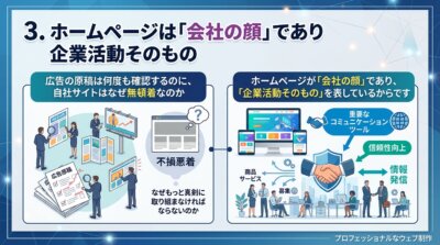 広告の原稿は何度も確認するのに自社サイトには無頓着になりがちだが、ホームページは会社の顔であり企業活動そのものだと示した図解。
