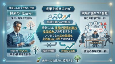社長にしかできない仕事が来年・再来年の仕込みであることを、現場に張りつく会社との対比で示した図解。