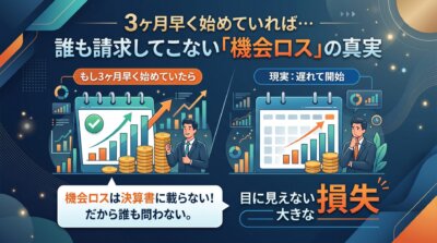 3か月早く着手していれば得られたはずの売上が決算書に載らず、機会ロスとして誰にも問われないことを示した図解。