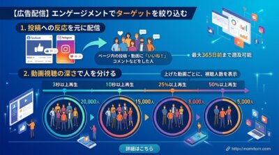 投稿や動画への反応を元に配信先をつくる機能と、3秒・10秒・25%・50%という視聴の深さで見込客を分けられることを示した図解。