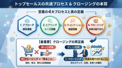 アプローチ・ヒアリング・プレゼンテーション・クロージングの4つのプロセスと、クロージングは売ることではなく約束を取り付けることだという再定義を示した図解。