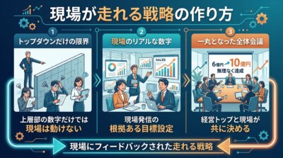 トップから降りてきた数字では現場が動けず、現場から上がった数字を全体会議で突き合わせて6億円から10億円の目標を無理なく決めた流れを示した図解。