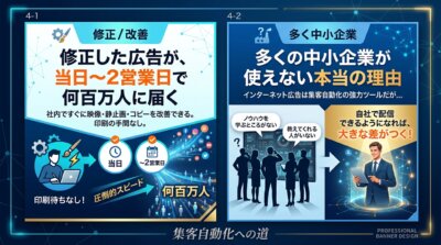 広告運用の効率化と中小企業の課題解決を解説する二部構成のインフォグラフィック。