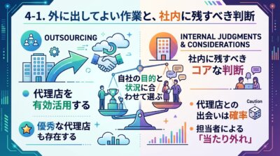代理店へ外に出してよい作業と、社内に残すべきコアな判断を左右に分け、自社の目的と状況に合わせて選ぶことを示した図解。