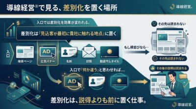 差別化は検索ページ・広告バナー・名刺・封筒・動画サムネイルという見込客が最初に触れる入口に置く仕事であり、説得よりも前に置くことを示した図解。
