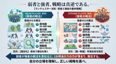 弱者と強者の5大戦法は真逆であり、弱者が広域戦・遠隔戦・確率戦など強者の戦法を真似ると力が分散して敗北することを示した図解。