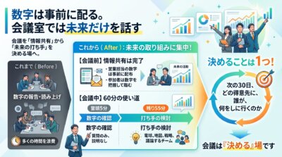 営業担当の数字は会議前に共有し、会議室では次の30日にどの得意先へ何をしに行くかだけを決めることを示した図解。