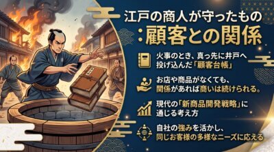 江戸の商人が火事の時に守ったのは店でも商品でもなくお客様との関係そのものだったことを示した図解。